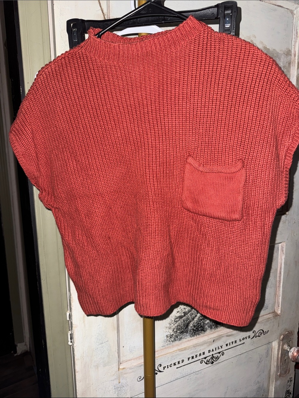 Zenana Outfitters Short-Sleeve Scoop Neck Sweater in Coral Red